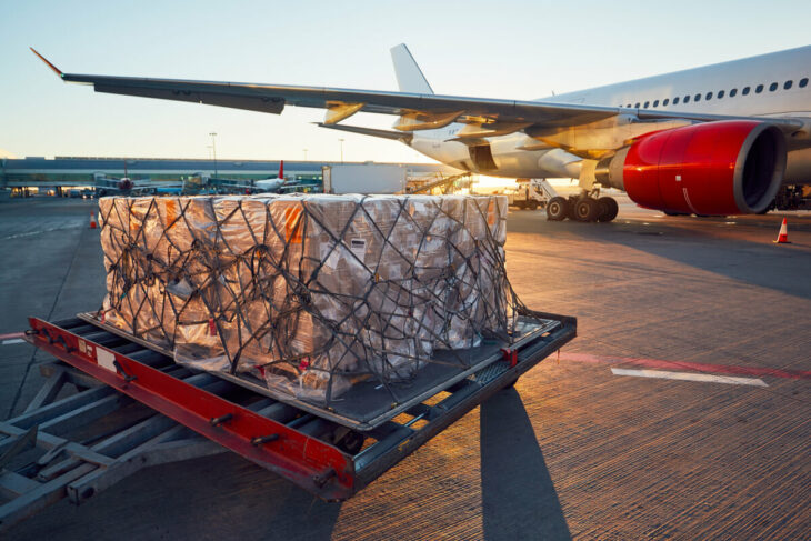 Boxes being loaded onto international delivery plane